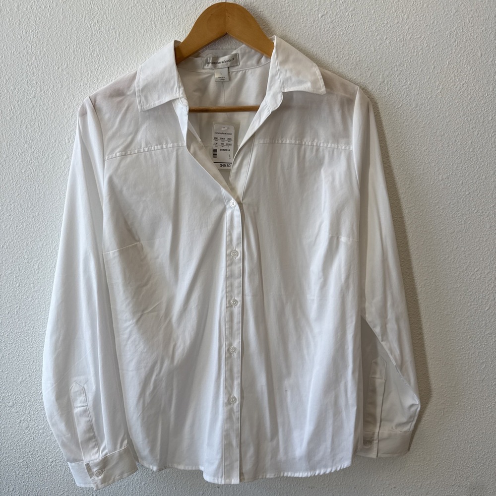 NWT‎ Christopher & Banks L White Button Front Long Sleeve Blouse Top Adjustable